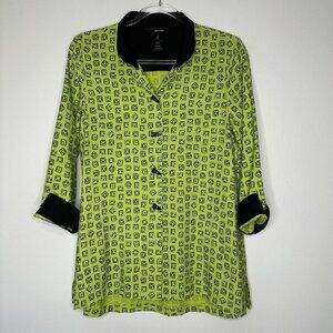 Ali Miles Tunic Top Size S Green Black Geometric Button Front Art to wear‎